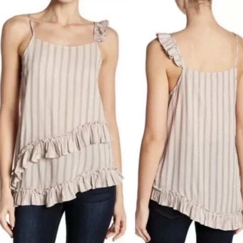 NWT Ro & De Creamy Pink Tank Top with Black Stripe - Asymmetrical Ruffle Detail